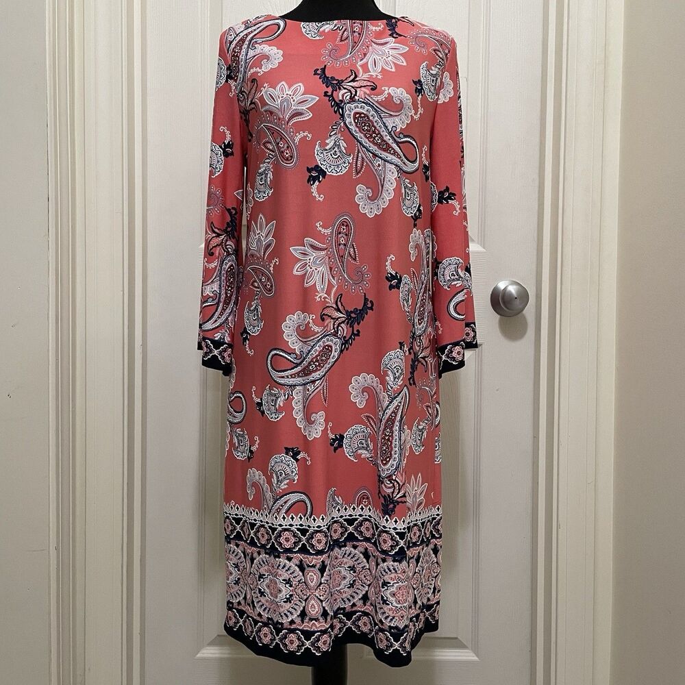 Studio One Basic Shift Dress Paisley Pink Coral 3/4 Bell Sleeve Women's Medium